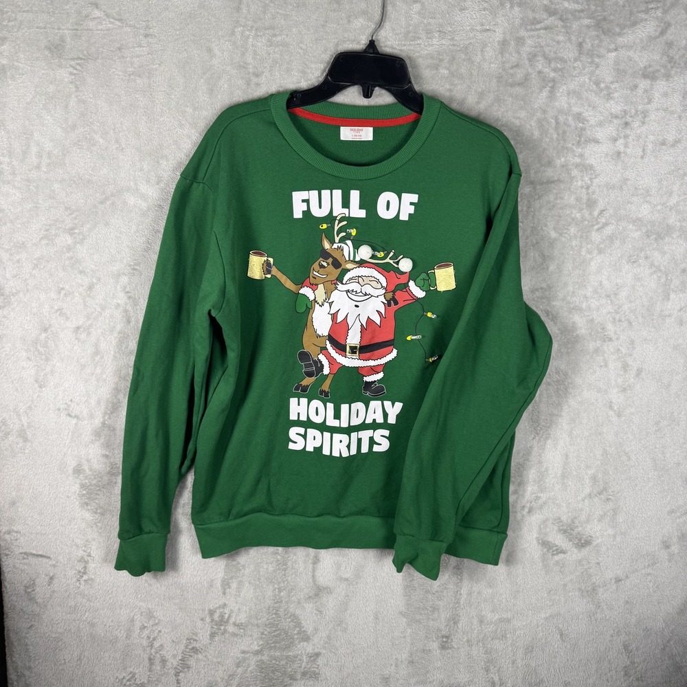 Holiday Time Sweatshirt Mens Large Santa Reindeer Holiday Spirits Christmas Pull